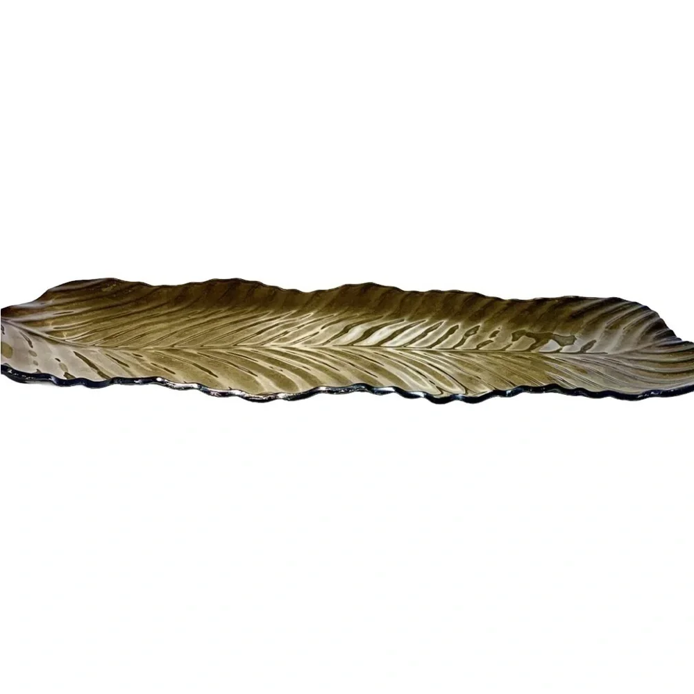 Handcrafted XLarge Metallic Gold Glass Leaf Serving Catering Platter Unique Rare